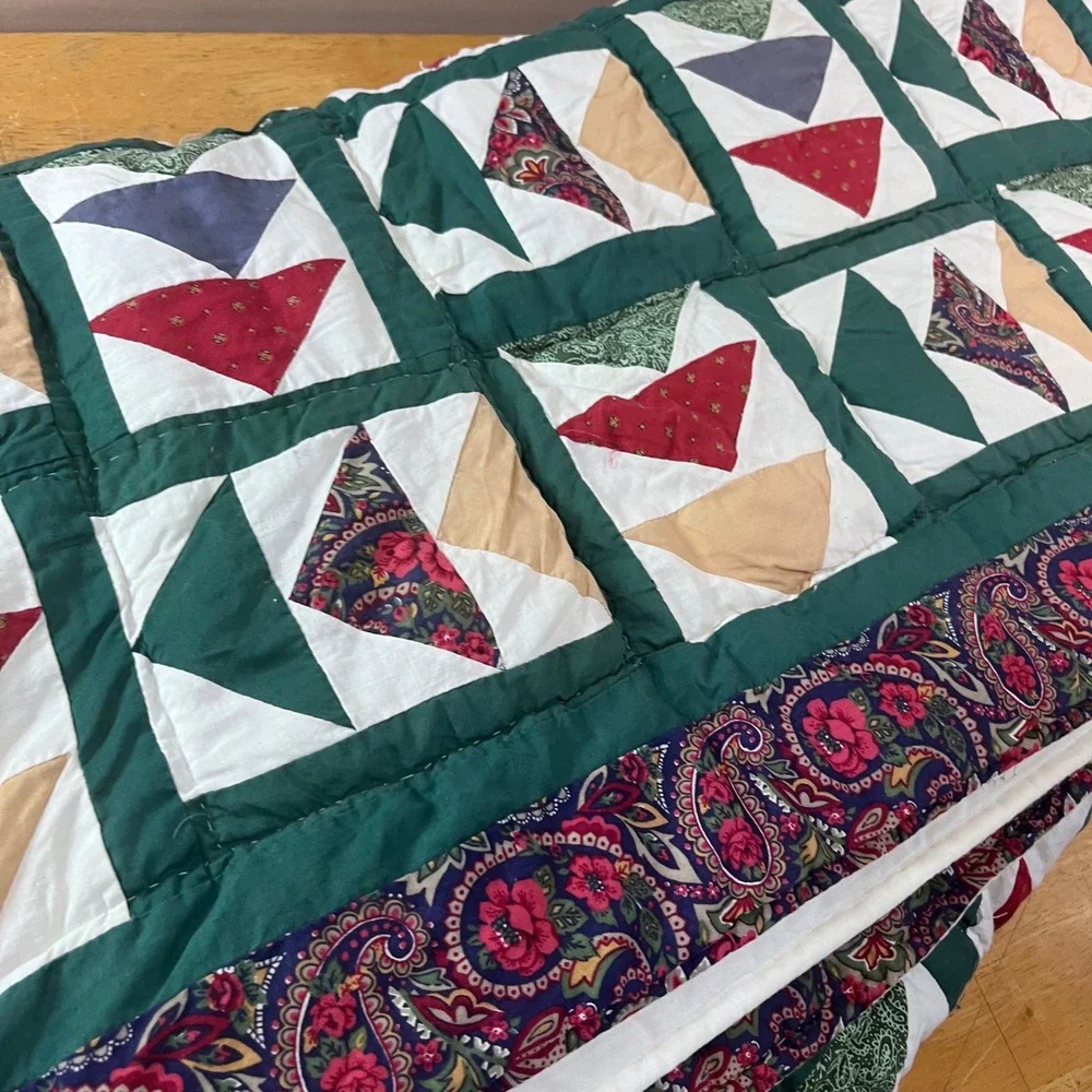 Vtg Flying Geese Patchwork Quilt Handmade Green Paisley Floral 82x84 Farmhouse